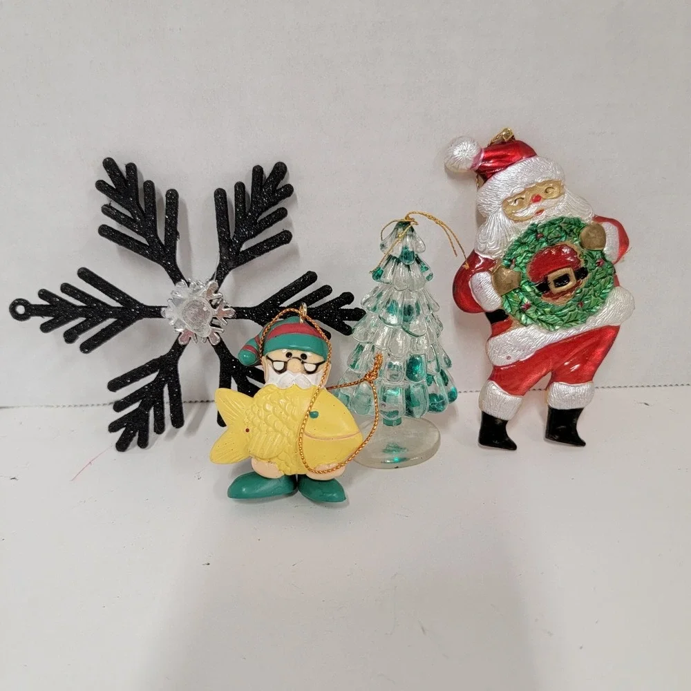 Christmas Ornament Lot, Santa, Tree, Fishing Elf And Snowflake